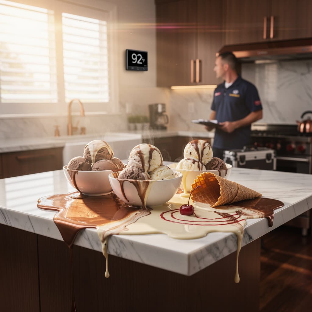 HVAC down — melting ice-cream emergency — Dramatic HVAC service commercial. Heatwave breaks the AC; premium ice cream melts into glossy puddles on a marble counter; thermostat reads ninety-two degrees. Service tech arrives just in time.