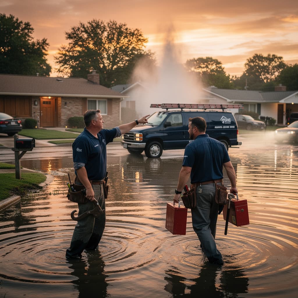Neighborhood flood — plumbing rapid response — Trades plumbing commercial. A water-main break floods an entire suburban street; the service crew arrives in tactical-deployment style to fix it. Drama-narrative spec.