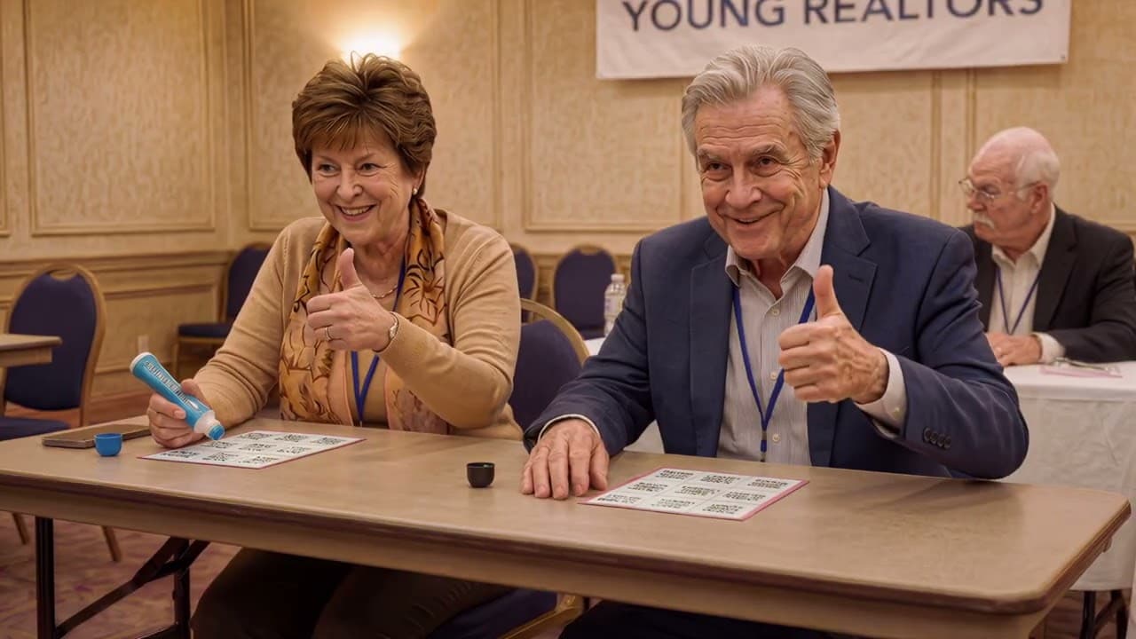 VT — Bingo — Real-estate-agent comedy commercial. Veteran realtors play conference bingo where the squares are real client horror stories — pre-approval lies, four-hundred-dollar Zillow leads, Zestimate price-anchoring, ghost showings.